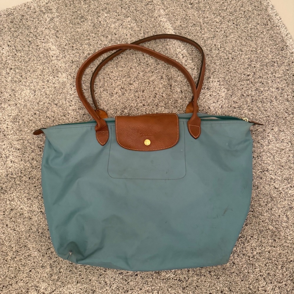 Longchamp Le Pliage Large Shoulder Tote Teal Blue Nylon Leather Bag 1899089664